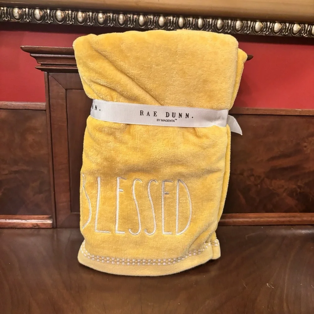 Rae Dunn Blessed Hand Towels Set of 2 Yellow 16x30 Embroidered NWT